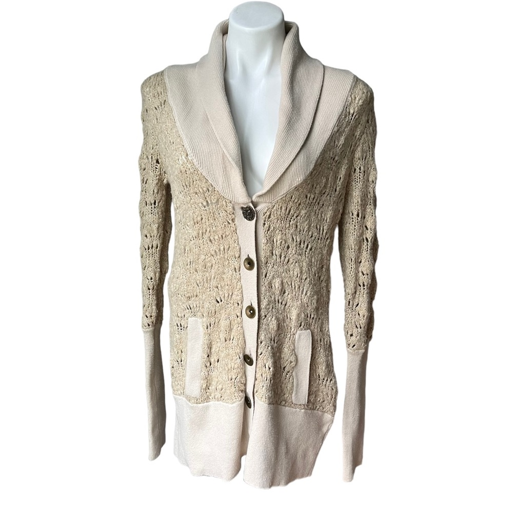 Free People Wool Blend Chunky Knit Brass Button Oatmeal Grandpa Cardigan… - Picture 1 of 13
